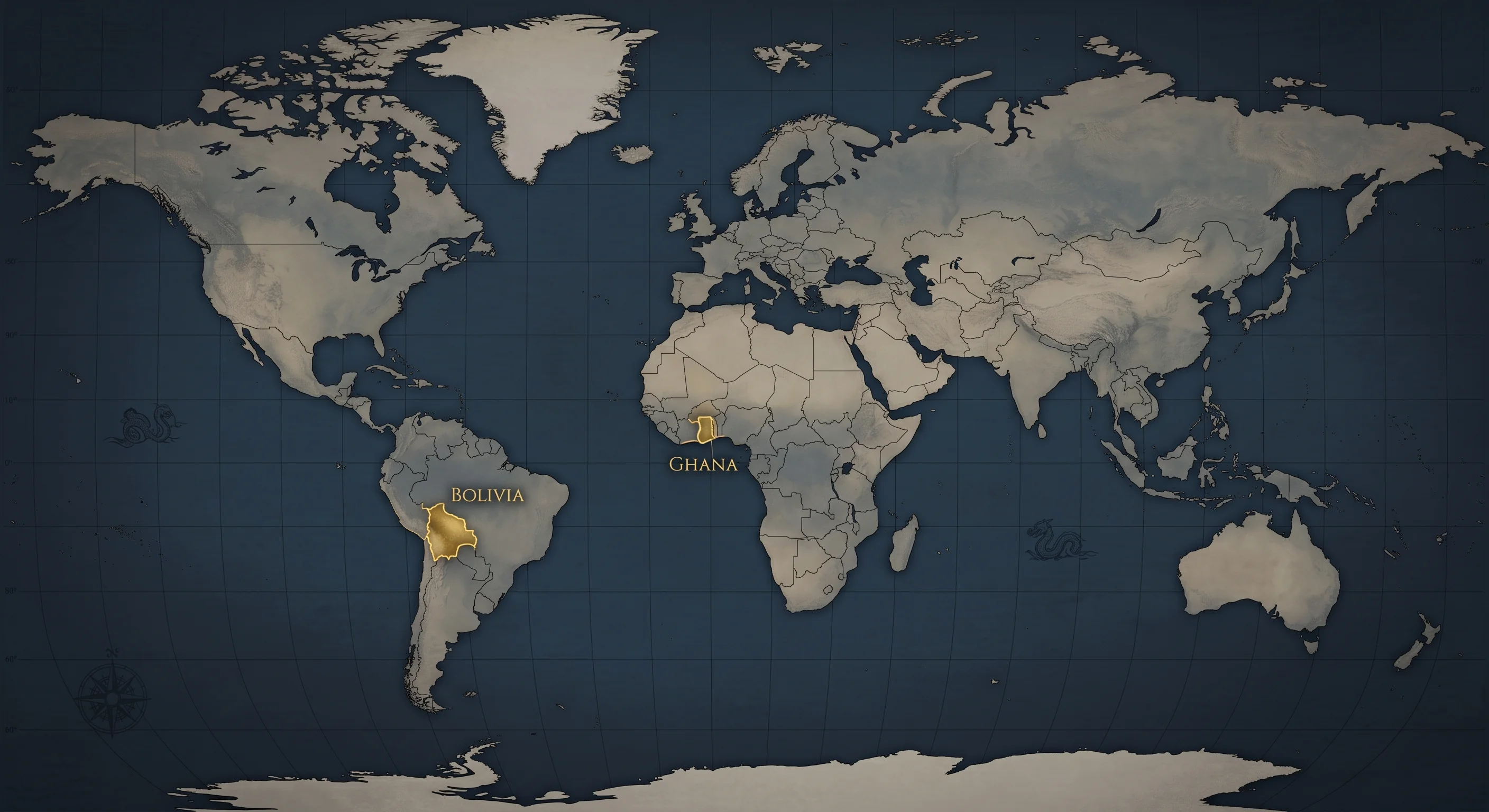 World map highlighting Ghana and Bolivia